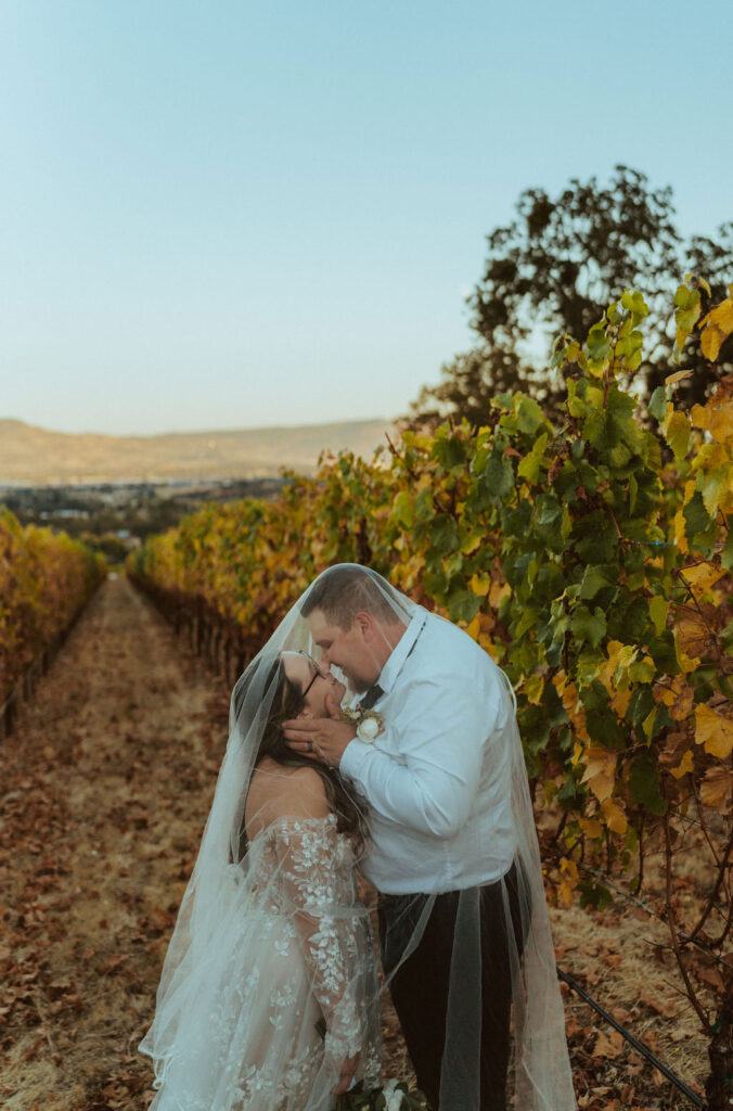 bride and groom kissing under veil in the vineyard